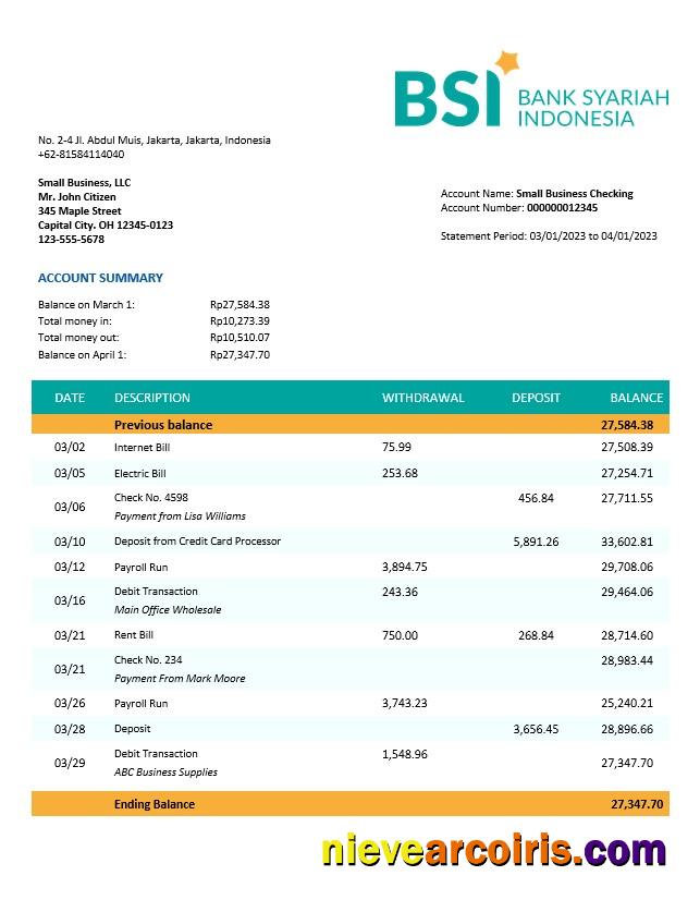 BANK Syariah Indonesia organization checking account statement